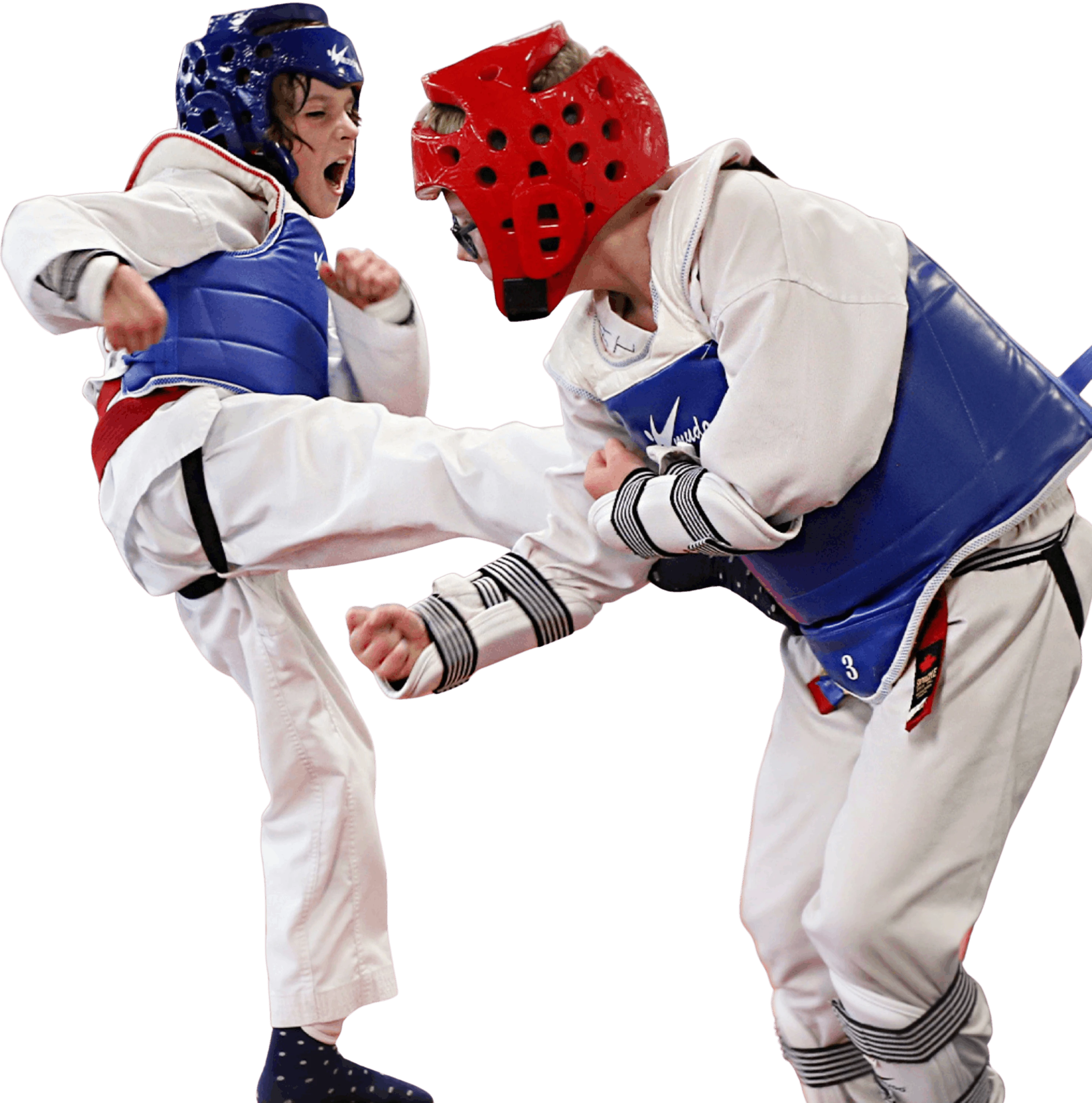 Two young students in sparring gear practising a kick